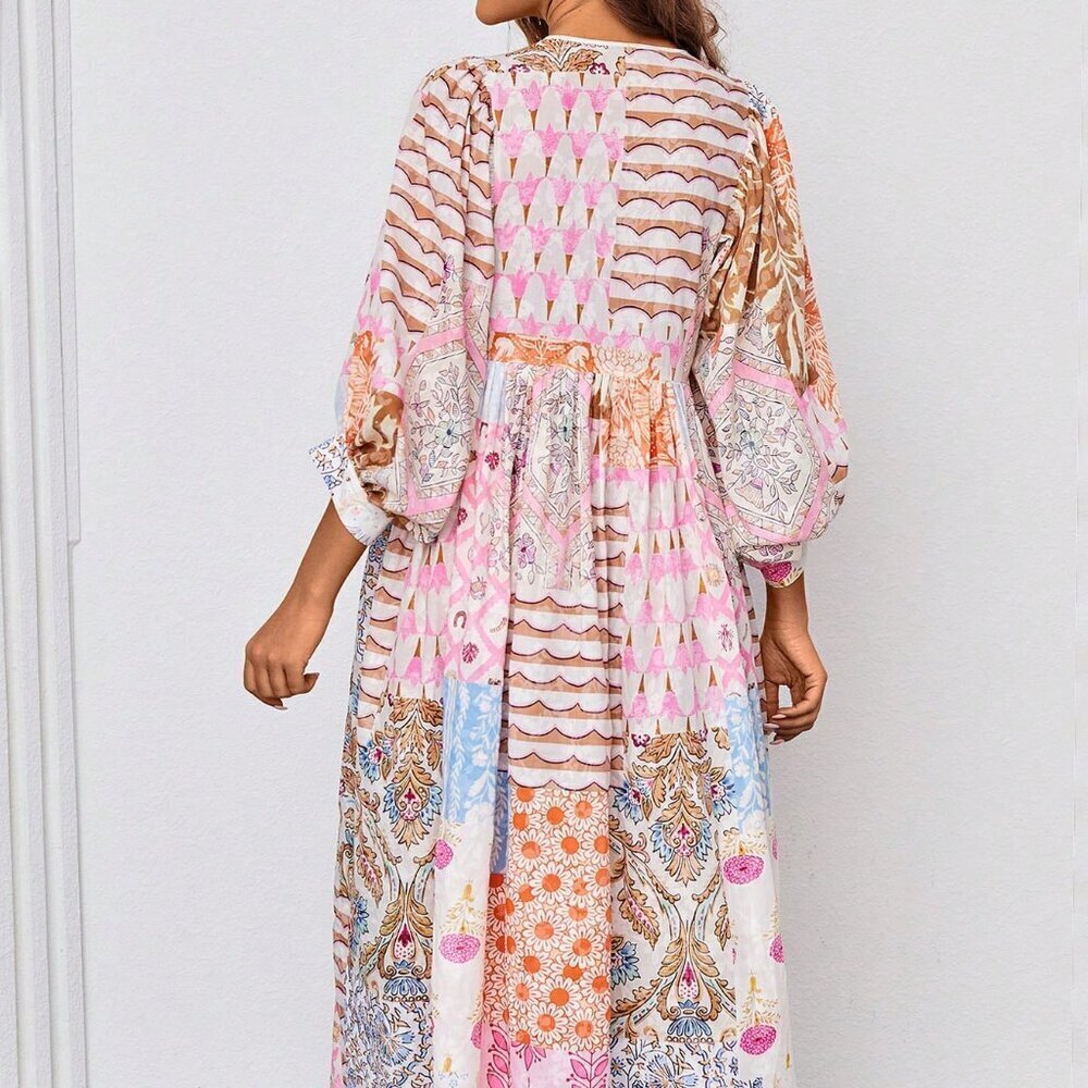 Multicolor Boho Women's Lantern Sleeve Maxi Dress V Neck Tie Patchwork Print - Picture 2 of 5